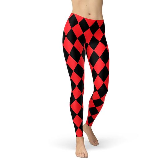 Jester Leggings For Women - Inspired Harley Quinn Leggings Red and Black Diamond Pattern