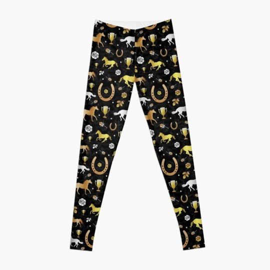 Horse Racing Derby Day Party Black Gold Pattern Leggings