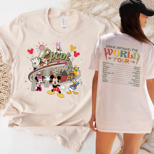 Disney Epcot World Tour 2 sided T-shirt, Retro Disney Epcot Shirt, Mickey And Friends