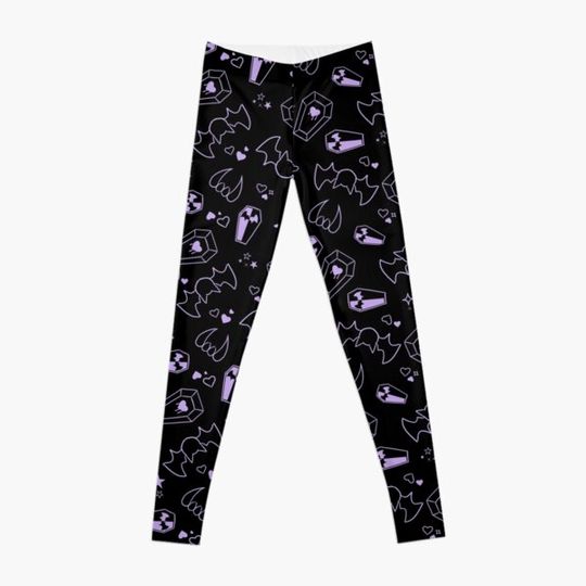 Draculaura Purple - Pastel Goth Vampire with Fangs Coffins Bats Tiling Design Leggings