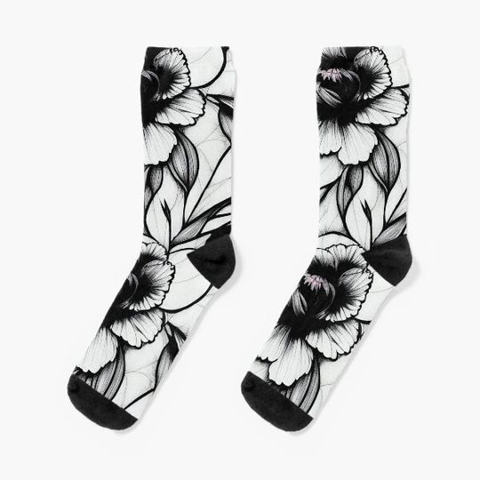 Vintage Floral Cottagecore  Romantic Flower Peony Design Black and White Socks