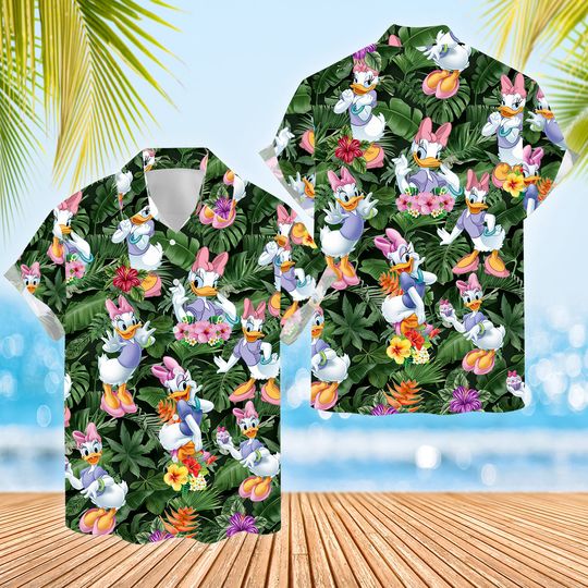 Daisy Flowers & Leaves Hawaiian Shirt, Disney Daisy Duck Beach Short Sleeve Shirts