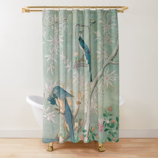 Discover Exotic Birds Chinoiserie Mural Shower Curtain