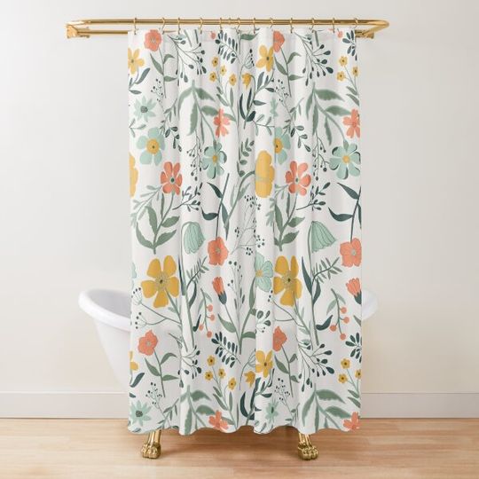 Coral, Mustard, & Blue Botanical Garden Floral Print Shower Curtain