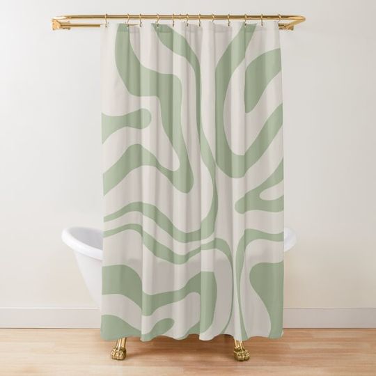 Liquid Swirl Abstract Pattern in Beige and Sage Green Shower Curtain