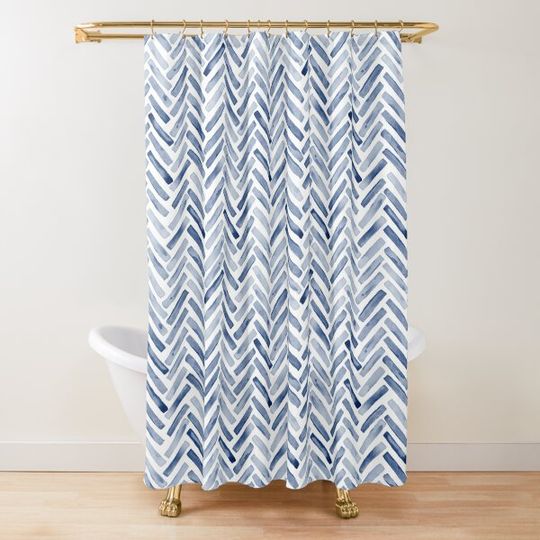 Indigo Blue Watercolor Herringbone Chevron Shower Curtain