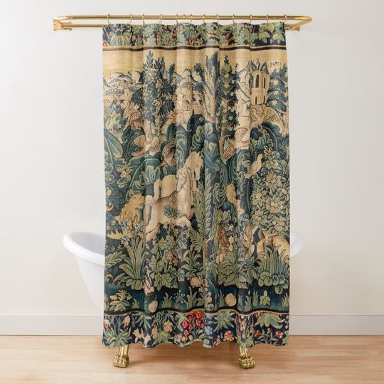 FANTASTIC ANIMALS AND HORSES IN WOODLAND Blue Green Ivory Antique French Tapestry Shower Curtain