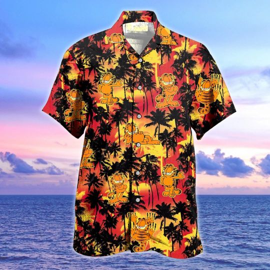 Garfield Hawaiian Shirt, Disney Print Shirt, Men Garfield Hawaiian Shirt