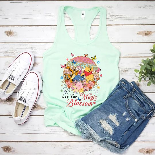 Retro Winnie the Pooh Tank, Disney Epcot Flower Tank, Floral Epcot Tank