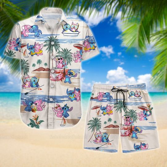 Stitch And Angel Hawaiian Shirt, Cute Stitch Beach Shirt, Stitch Disney Hawaiian