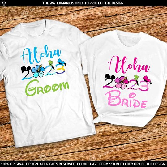 Aloha Bride and Groom shirt, Disney Hawaiian bride and groom shirts, Hawaiian beach party shirt, Honeymoon shirt 2023