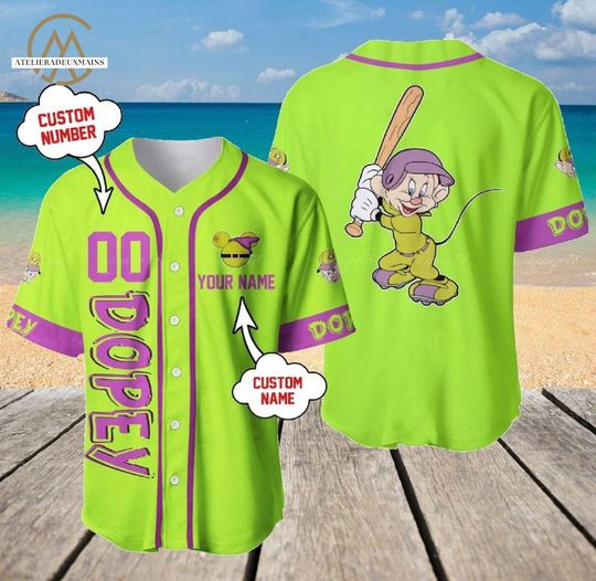 Personalized Dopey Dwarf Neon Baseball Jersey, Custom Name Seven Dwarfs Shirt, Magic Kingdom Shirt
