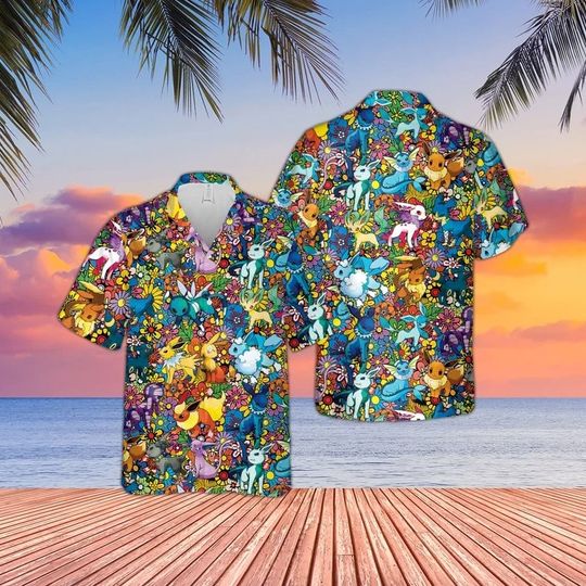 Eevee Evolution Hawaiian Shirt/short, 3D PKM Hawaiian Shirt/short, PKM Button Up Shirt, Movies Hawaiian Shirt