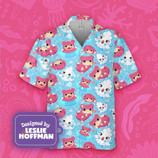 Slowpoke Blue PKM Hawaiian Shirt, Button Up Shirt, PKM Button Up Shirt, Anime Hawaiian, Cartoon Hawaiian Shirt