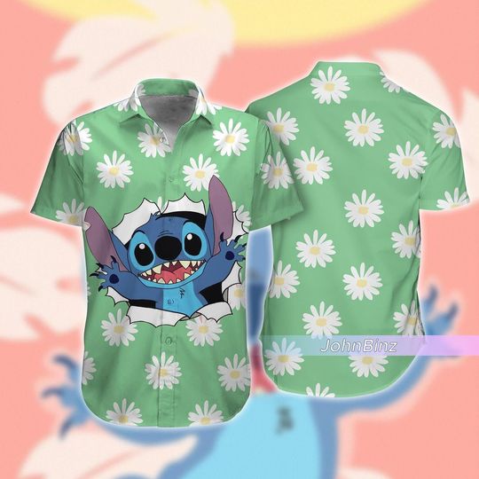 Stitch Shirt, Cute Stitch Face Hawaiian Shirt, Disney Stitch Button Down Shirt Green