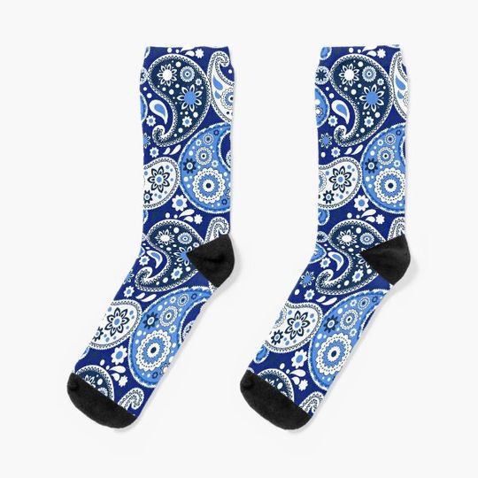 Blue and White Paisley Print Socks