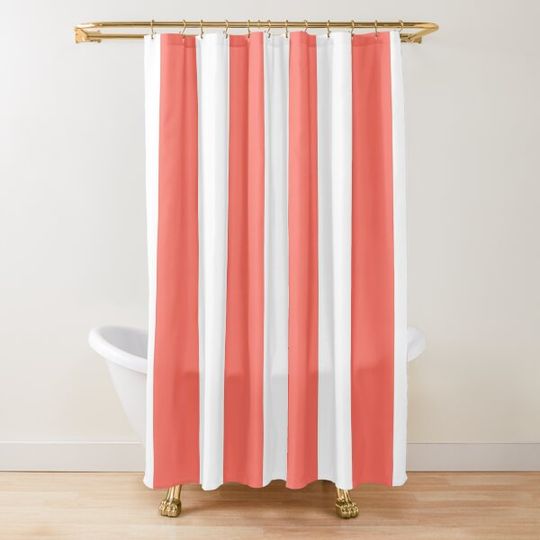 Large Living Coral and White Vertical Cabana Tent Stripes Shower Curtain