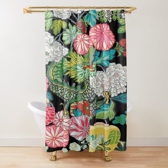 Vintage Oriental Peony Garden Botanical Chinoiserie with Dragon on Black Shower Curtain