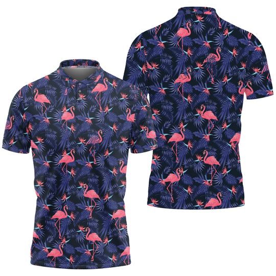Flamingo Tropical Polo Shirt Flower And Flamingo Golf Blue Flamingo For Men Gift Polo Shirt