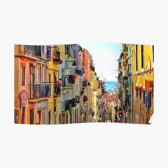 Discover Lisbon Portugal city streets on a sunny day balconies Europe city Premium Matte Vertical Poster