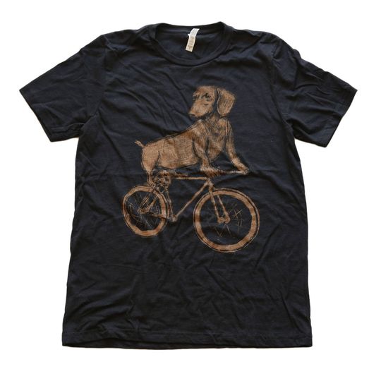 Dachshund on a Bike- Mens T Shirt, Unisex Tee, Tri Blend Tee, Handmade graphic tee, Bicycle shirt, Bike Tee, sizes xs-xxl