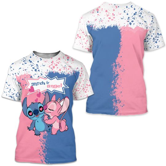 Stitch & Angel Blue Pink Splatter Paint Disney 3D T-shirts