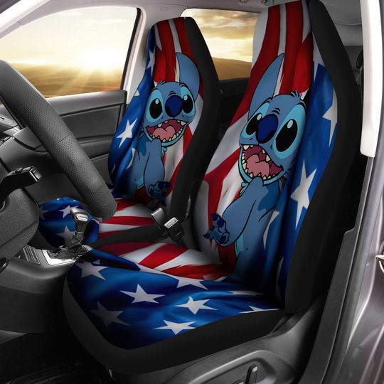 Stitch US Flag Bling Glitter Disney Graphic Cartoon Car Seats Cover