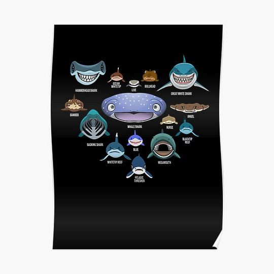 Types Of Shark Faces Shark Heart Lover Gift Premium Matte Vertical Poster