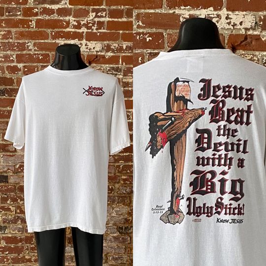90s Know Jesus Beat The Devil Your Sins Are Forgiven T-Shirt. Vintage 1990s