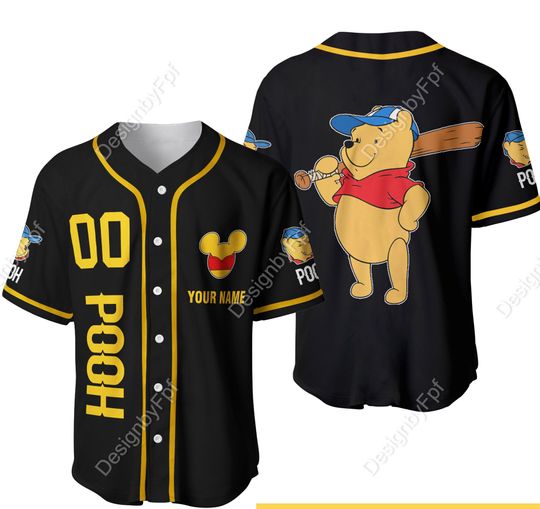 Pooh Bear Black Baseball Jersey | Disney Custom Name Number Baseball Jersey
