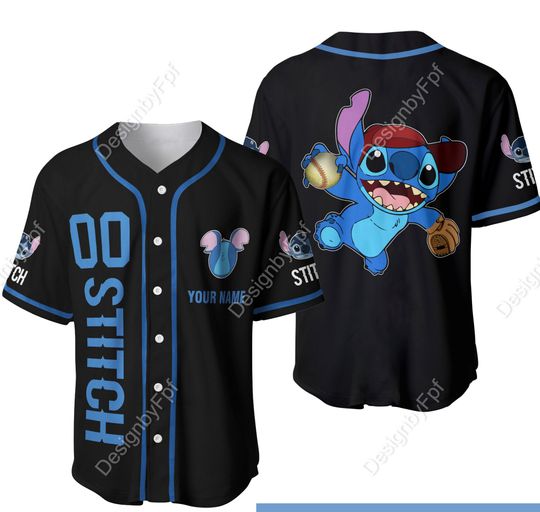 Stitch Blue Black Baseball Jersey | Disney Custom Name Number Baseball Jersey
