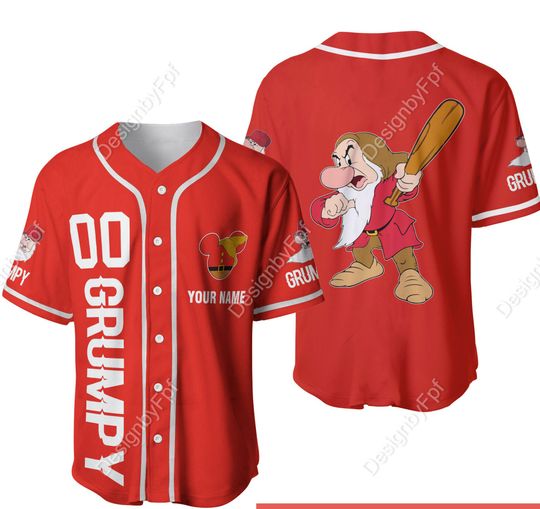 Grumpy Dwarf Red White Baseball Jersey Graphic Casual Outfit| Disney Grumpy Custom Name Number