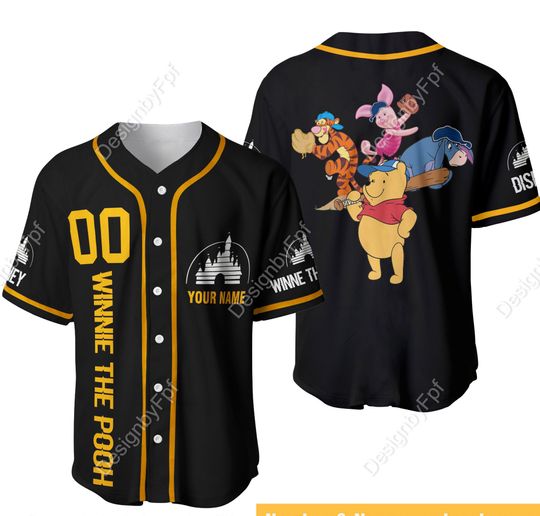 Winnie The Pooh Black Baseball Jersey Graphic Casual Outfit| Disney Custom Jersey