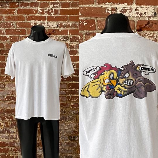 90s No Fear Pussy Chicken Skate T-Shirt. Vintage 1990s "Pussy!" "Chicken!" No Fear Skate Tee Single Stitch Made in USA - Large 22" x 27"