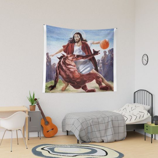 Jesus vs Satan in Basketball Tapestry
