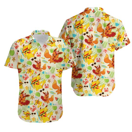Summer Eevee PKM Hawaiian Shirt,  PKM Button Up Shirt, Anime Hawaiian, Cartoon Hawaiian Shirt