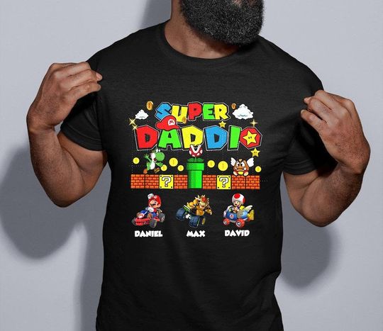 Personalized Super Daddio Dad Shirt, Custom Mario Kid Names Shirt