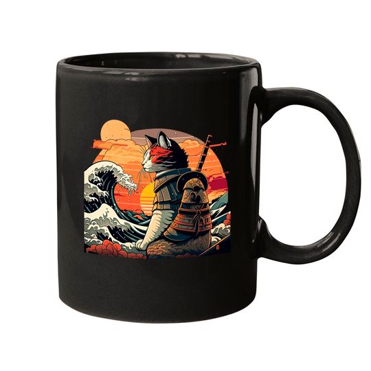 Discover Retro samurai cat Mugs The Great Wave off Kanagawa Hokusai