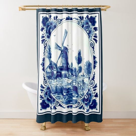 Discover DUTCH BLUE DELFT : Vintage Windmill and Bridge Print Shower Curtain