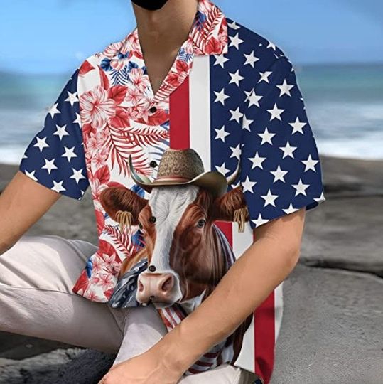 Discover Funny Ayrshire Cow Hawaiian Shirt, American Flag Hawaii Shirt, Cow Hawaii Shirt,Aloha Hawaiian Shirt,Independence Day Shirt,Patriotic  Shirt