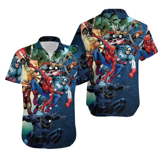 Superhero Button-Down Shirt, Funny Superhero Hawaiian Shirt Black, Superhero Hawaiian Button-Down Shirt