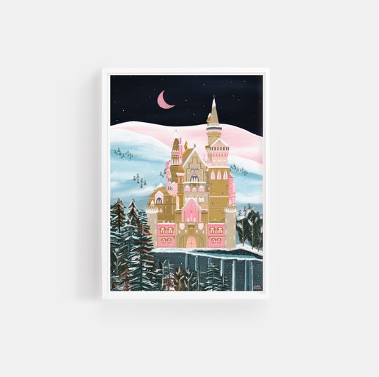 Neuschwanstein Castle Print, Night Sky Castle Art, Disney Castle Poster, German Travel Art