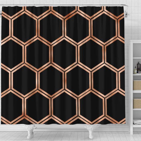 Black onyx copper hexagons Shower Curtain