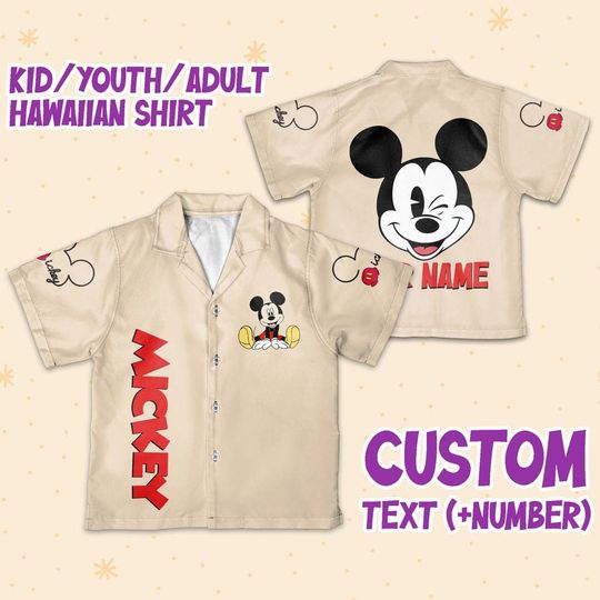 Personalize Mikey Disney Smile beige color , Button Up Shirt, Mikey Hawaiian Shirt