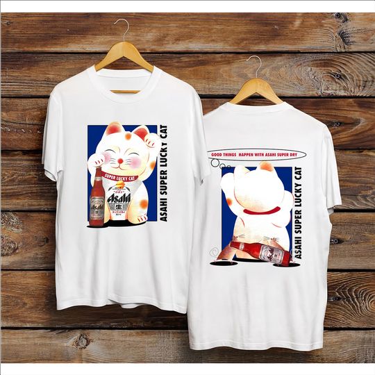 90s Asahi Super Lucky Cat T-Shirt. Vintage 1990s Good Things Happen