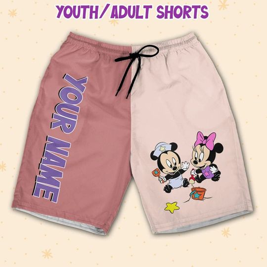 Personalize Disney Baby Mikey Minnie Castle Heather Mauve Shorts JS, Minnie Shorts, Disney Shorts, Beach Shorts, Disney Fan Gifts