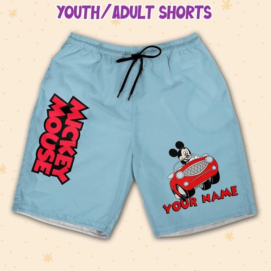 Personalize Vintage Disney Mickey Mouse And Friend In Car Shorts JS, Mickey Shorts, Disney Shorts, Beach Shorts, Disney Fan Gifts