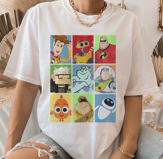 Disney Pixar Epic Boxed Up Line Up Character Shirt, Toy Story Wall E and Eve Tee