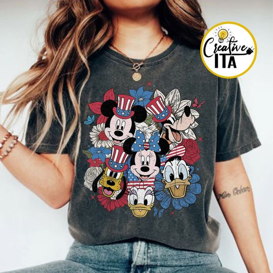Retro Mickey and Friends Floral 4th of July Tshirt, Disney Happy Fourth of July shirts