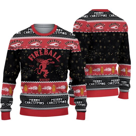 3D Fireball Whiskey Ugly Sweater Christmas